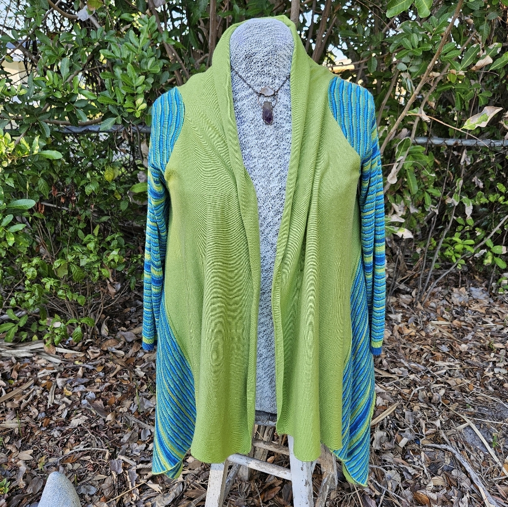 Vintage 90s Boho Style Green and Blue Striped Knit Cardigan Sweater